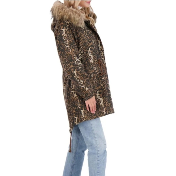 Lucky Brand Womens Leopard Anorak Cinch WaistJacket w/ faux fur trim sz med NWT - Picture 2 of 4